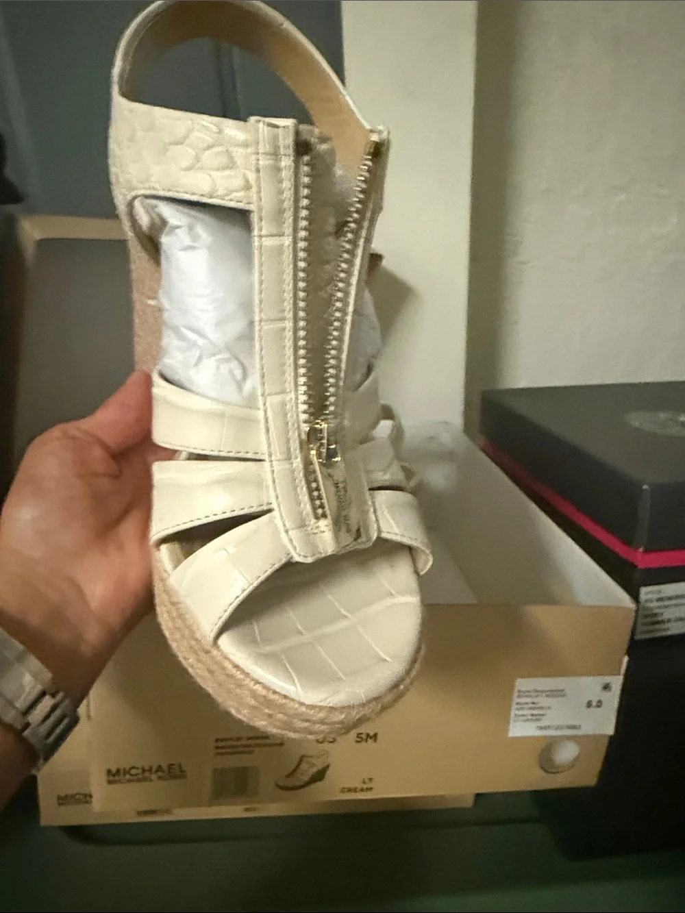 MICHAEL Michael Kors Croc-Embossed Cream Espadrille Wedge Sandal